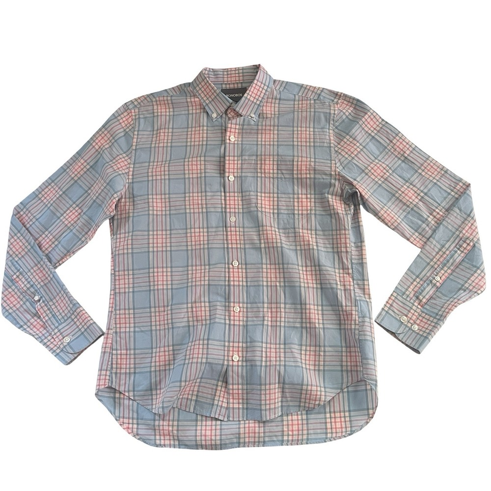 Bonobos Men's Size M Slim Dress Shirt Plaid Pink Blue Pastel 100% Cotton